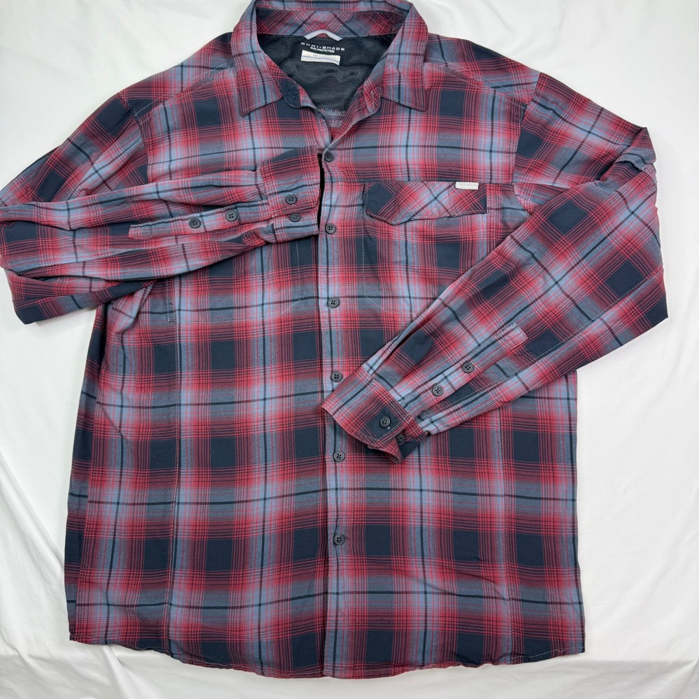Columbia Omni-Shade Mens Large Red Gray Plaid Long Sleeve Hiking Shirt L